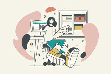 Poster - Development company concept with people scene in flat retro design for web. Programmer works with code and creating wireframe layouts. Vector illustration for social media banner, marketing material.