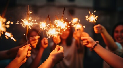 Close up of young friends holding sparklers at a party for celebrating