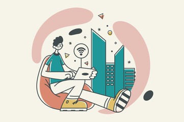 Fototapete - Smart city concept with people scene in flat retro design for web. Man lives in cityscape with digital services, tech infrastructure. Vector illustration for social media banner, marketing material.