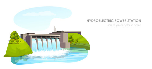 Water dam, hydroelectric power station, energy plant. Electricity generation, river flow. Renewable resource. Industrial technology. Eco environment. Green source. Vector illustration