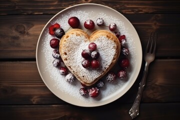 tasty pancake in form of heart on wooden table breakfast