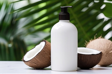 White cosmetic bottle with dispenser and coconuts on a table with palm leaves in the background. Empty space for product placement or advertising text.