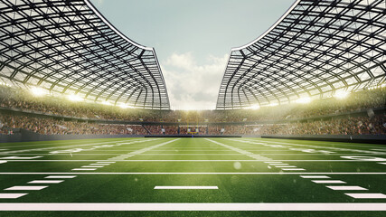 Wall Mural - Crowded american soccer stadium. American football day stadium with fans illuminated by spotlights waiting game. Focus in grass. 3d rendering.