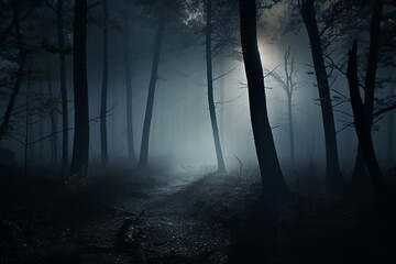 foggy and dark woods at night, mystery forest. magical saturated foggy forest trees landscape. gener