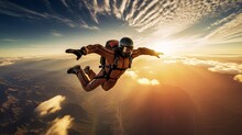 A Parachutist In Free Fall At The Sunset Extream Sport Lifestyle With Beautiful Sky Cloud Sunset Background