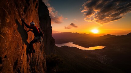 Wall Mural - extream sport A person climbing a rock face at sunset young man climb cliff moutain extream sport activity risk lifestyle nature mountain and beautiful sunset sky background