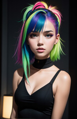 fashionable brunette girl in cyber city. girl wearing futuristic dress. very beautiful female portra