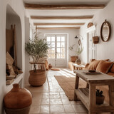 Fototapeta  - Mediterranean home interior, natural wood and terracotta rustic decor, boho chic style