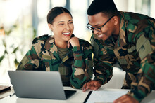 Laptop, Friends And An Army Team Laughing In An Office On A Military Base Camp Together For Training. Computer, Happy Or Funny With A Man And Woman Soldier Working Together On A Winning Strategy