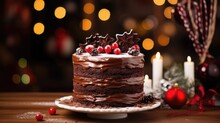 Image Of Chocolate Christmas Cake For Party With Fondant On The Wooden Table