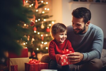 Wall Mural - Toddler boy and father, at Christmas in living room with Christmas presents and tree, empty copy space Generative AI