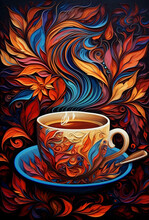 Colourful Illustration Of A Cup Of Aroma Coffe And Autumn Leaves On Dark Background, Quilling Technique. Posters And Invitations, Coffe Shops, Cards.