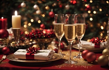 christmas eve party table with champagne flute with red and golden glitter