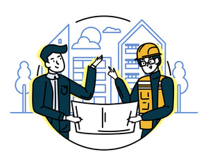 Wall Mural - Males holding construction plan and discuss. Different workers controlling process of house building. Flat vector illustration in cartoon style in blue and yellow colors