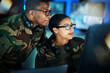 © aLListar/peopleimages.com - Military, surveillance and people with computer talking in office for cybersecurity, communication or control room monitor, Army, security and employees in collaboration on project,