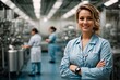 successful food factory women manager in sterile uniform with arms crossed smiling at the camera. hair net