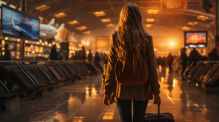 young woman walking in the train station at night, travel and lifestyle concept.