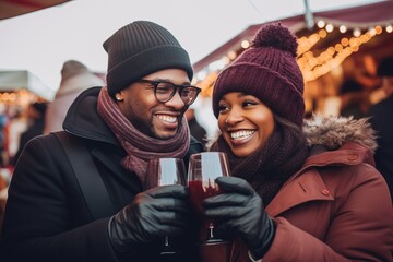 Wall Mural - Two young cheerful african people drinking mulled wine at the christmas market on a winter vacation