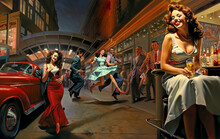 Beautiful Girls Dance With Men At A Party. Colorful Illustration In Fifties Style. Generative Ai