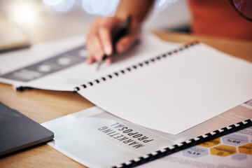 Poster - Marketing proposal, document and hand with planning and professional person in a office. Closeup, paper and market research report with employee and paperwork of analysis and information for worker
