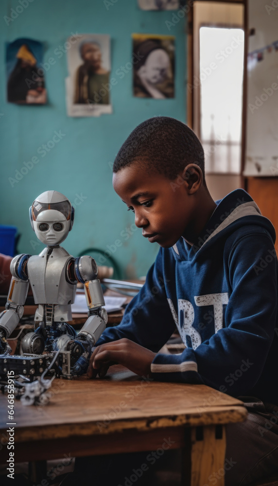 Empowerment Through Education: Young African Boy Focused on Building a Robot, Symbolizing STEM Opportunity
