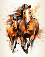  Painting of Two Horses Galloping Free, a Delicate Brushwork Capturing Movement and Emotion