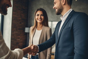 couple shaking hands with a real estate agent after purchasing a home