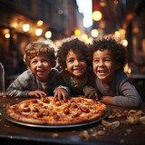 Fototapeta Sport - Three happy smiling, laughing interracial kids, boys eats fresh pizza, meal, holding with hands during party on street, city feast outside