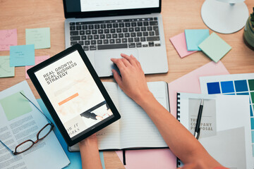 Poster - Tablet screen, laptop and hand, business website and paperwork, company proposal and workspace. Person at desk, corporate growth and digital market research strategy, sticky note and ideas top view