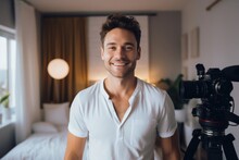 Caucasian Man Vlogger Background Scene Captivating Generative AI