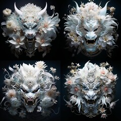 Sticker - AI generated illustration of a set of white animal masks adorned with flowers on a black background