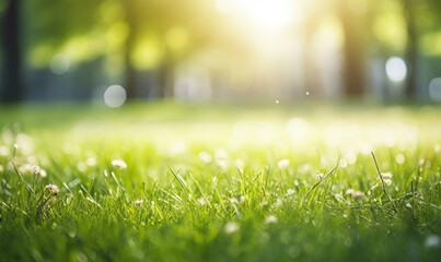 Canvas Print - Fresh lush green grass on meadow with drops of water dew.