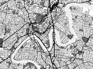 greyscale vector city map of brisbane center in australia with with water, fields and parks, and roa