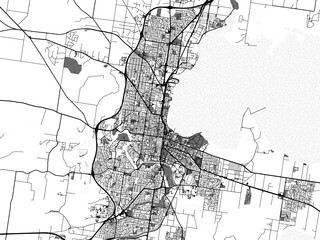 greyscale vector city map of geelong in australia with with water, fields and parks, and roads on a 