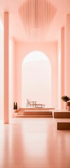 Poster - AI generated illustration of An empty, pink-toned room featuring wooden benches and potted plants