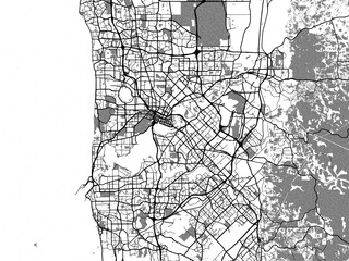 greyscale vector city map of perth in australia with with water, fields and parks, and roads on a wh