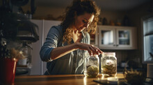 Woman Making Jars Of Preserved Vegetables In Her Kitchen