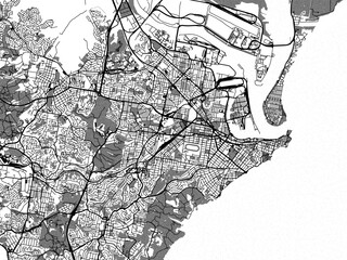greyscale vector city map of newcastle in australia with with water, fields and parks, and roads on 