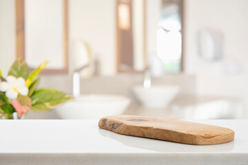 Wall Mural - wooden pedestal on table in bathroom interior and free space