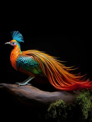 Poster - AI generated illustration of An majestic colorful avian perched on a moss-covered wooden branch