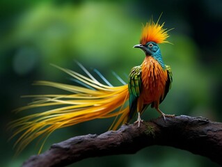 Poster - AI generated illustration of A colorful avian specimen perched atop a branch