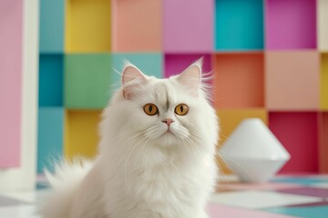 Sticker - AI generated illustration of An adorable white cat perched atop a vibrant cube-patterned floor