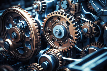 Wall Mural - Engine with cogwheels and gears working. Industrial close-up