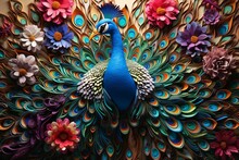 AI Generated Illustration Of A Peacock Surrounded By An Array Of Colorful Flower