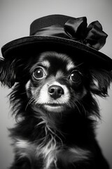 Poster - AI generated illustration of a black and white portrait of a beloved pet wearing a stylish hat