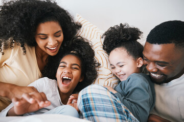 Poster - Mom, dad and children in bed with tickling, comic joke and laugh with bonding, care and love in family home. Black man, mother and daughter with smile, play game or crazy in bedroom, morning or house