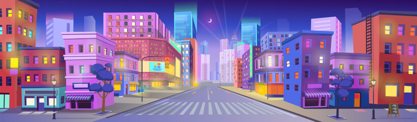 Wall Mural - Panorama city with shops,  building, crossing,  mall  and traffic light .Vector illustration in flat style.