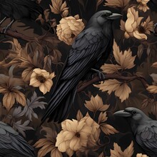AI Generated Illustration Of An Artistic Black Crow Background With Flowers