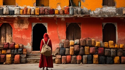 AI generated illustration of a person in a red hooded robe and a backpack near old buildings