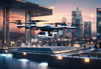 Wall Mural - AI generated illustration of a drone with a camera hovering over a modern, urban cityscape